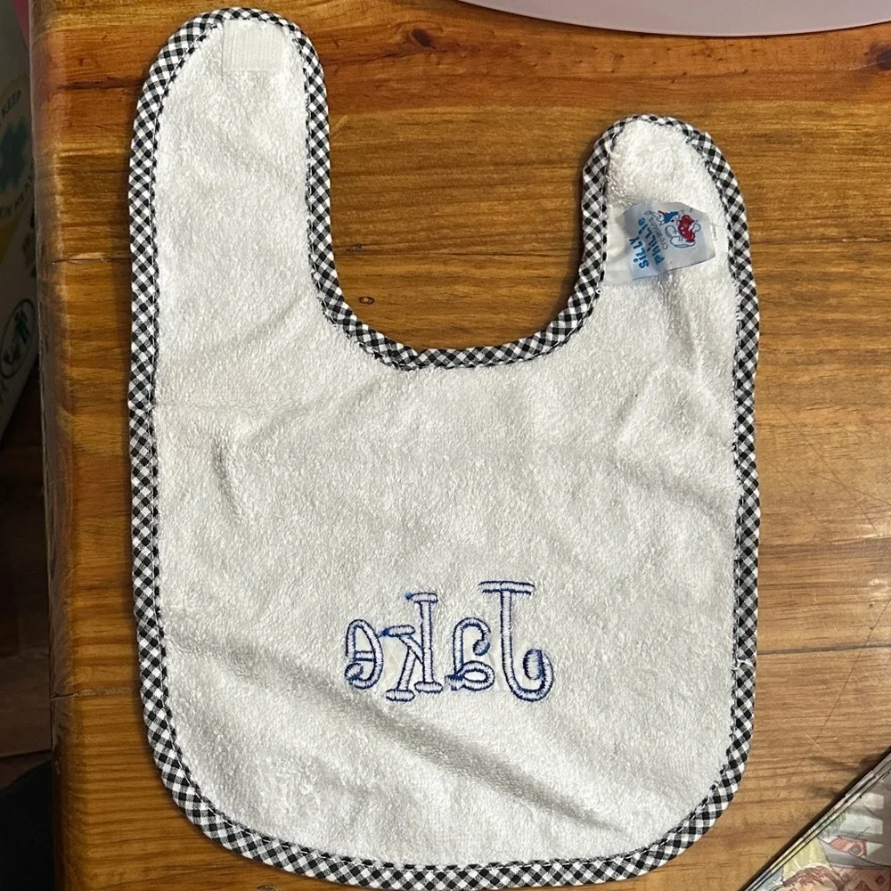 NEW “Jake” Monogrammed White Baby Bib with Blue Embroidery